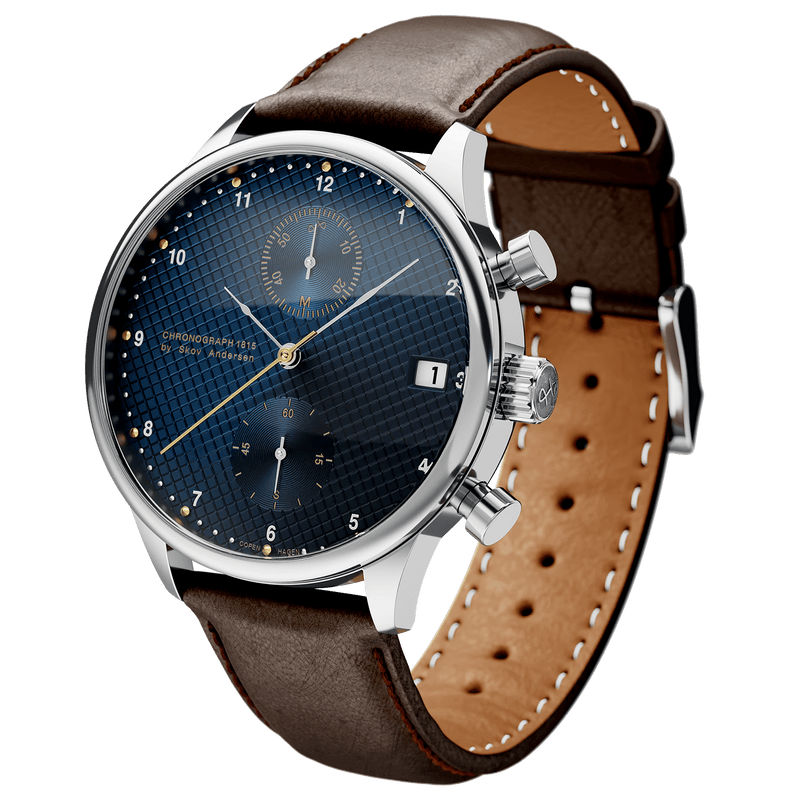 1815 Chronograph by AV86 with vintage-inspired dial, sapphire crystal, chronograph function, and brown leather strap