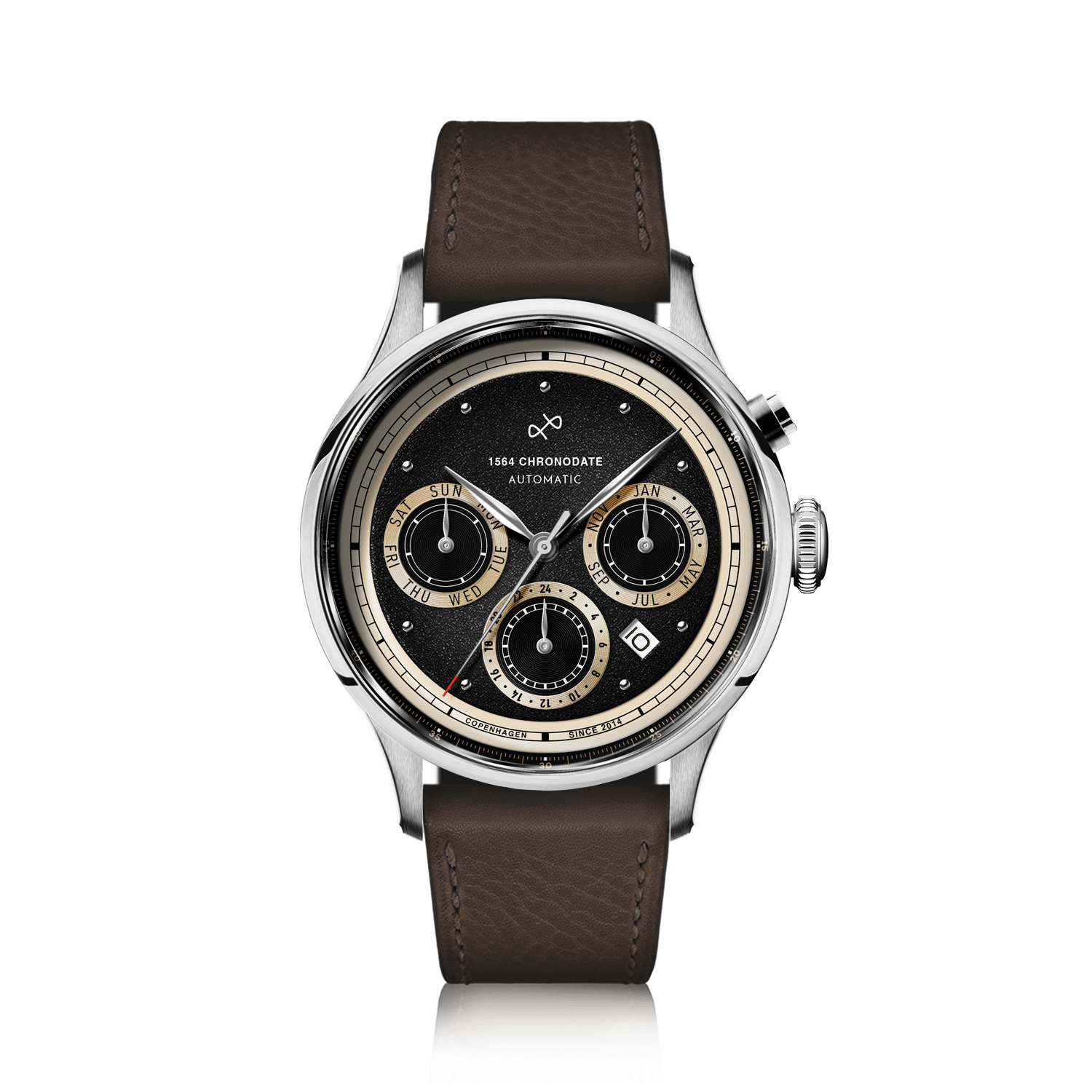 1564 Chronodate Automatic by AV86 vintage-inspired chronograph with sapphire crystal, automatic movement, and brown leather strap