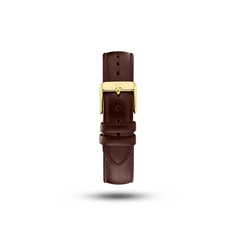 Leather - Dark Brown two-piece strap by AV86 crafted from high-quality leather with polished gold-plated pin buckle and engraved detailing