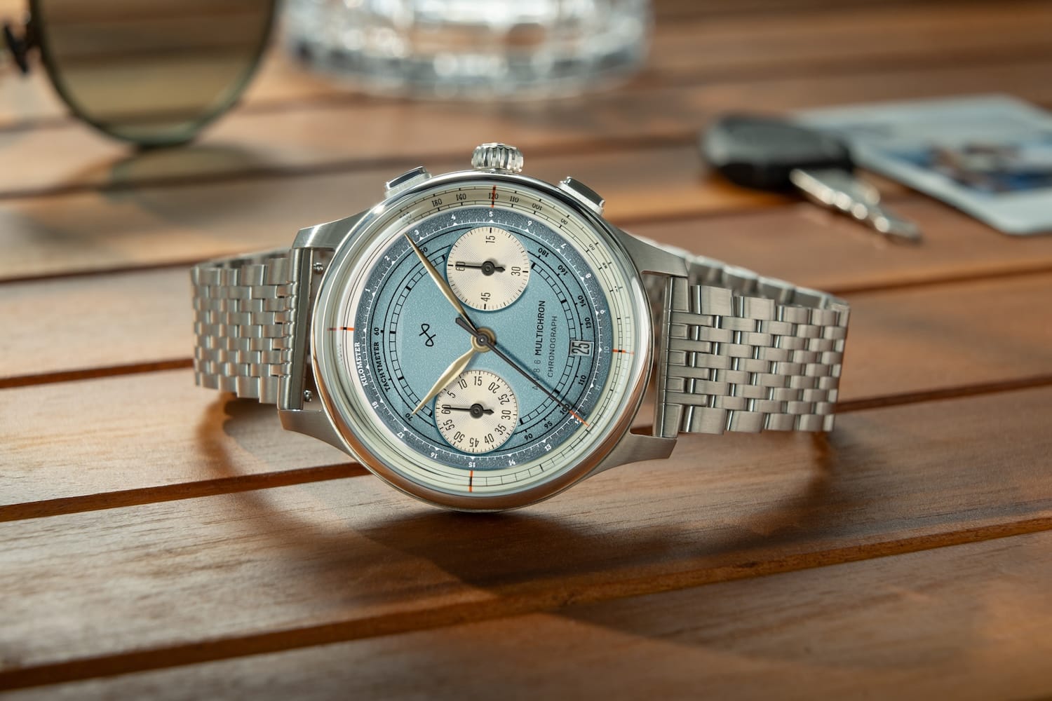 1934 Multichron, Steel / Sky Blue by AV86 featuring a vintage-inspired chronograph design with sapphire crystal, finely detailed dial, and a polished stainless steel bracelet embodying Nordic minimalism.