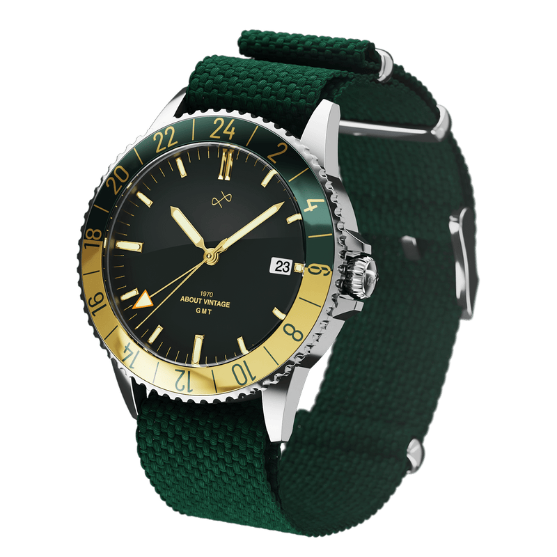 1970 Haagen GMT Automatic Swiss Made by AV86 with vintage-inspired GMT dial, sapphire crystal, and green fabric strap