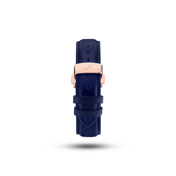 Butterfly Clasp - Dark Blue leather strap with rose gold plated butterfly clasp, high-quality craftsmanship by AV86 luxury Scandinavian brand