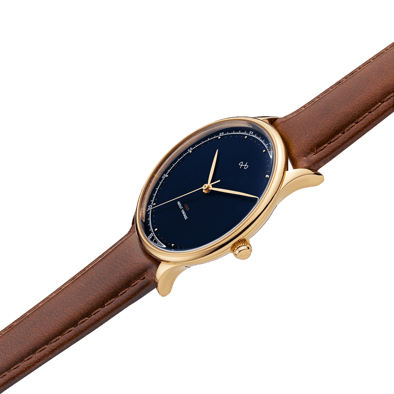1969 Vintage, Gold / Midnight Blue - Special Edition – 39mm by AV86 with minimalist dial, sapphire crystal, and brown leather strap