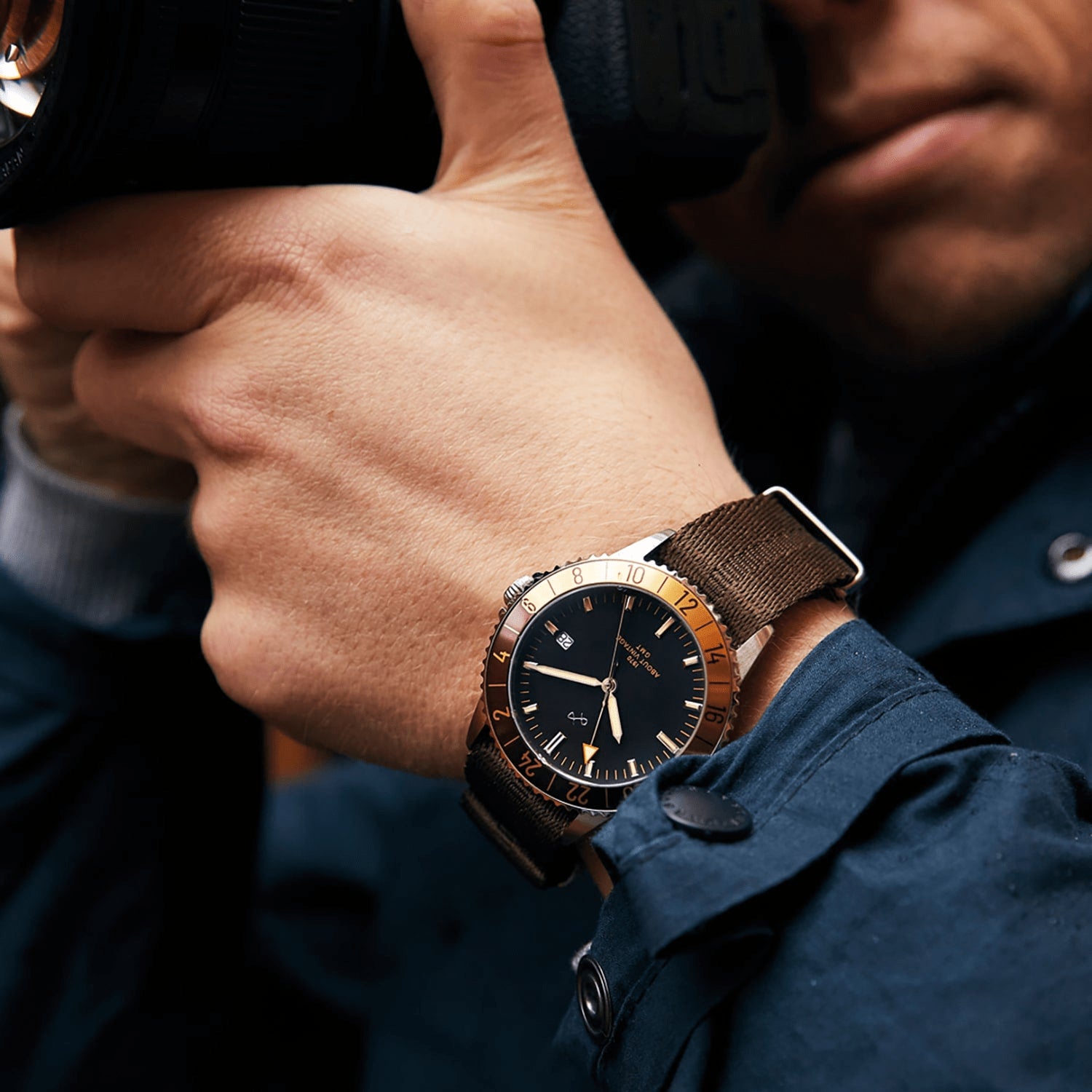 1970 Haagen GMT Automatic, Burgundy - Swiss Made by AV86 vintage-inspired GMT with sapphire crystal, burgundy bezel, and brown fabric strap