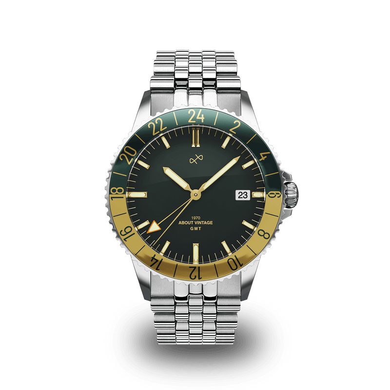 1970 Haagen GMT Automatic by AV86 luxury GMT watch with sapphire crystal, vintage-inspired dial, 24-hour bezel, and metal bracelet strap