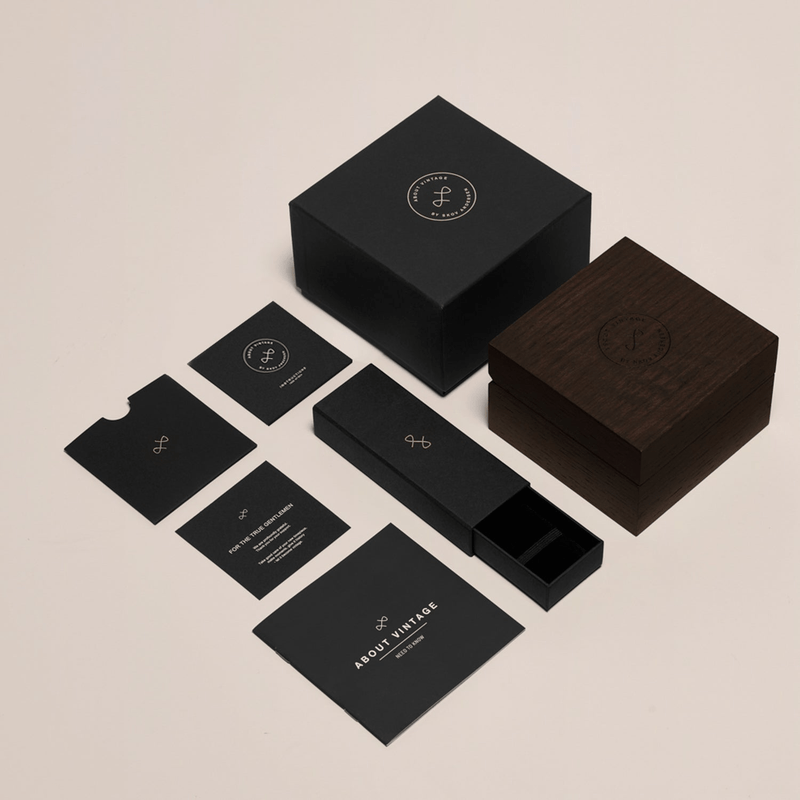 1971 Automatic, Night Blue - Swiss Made by AV86 luxury watch packaging set with black and wooden presentation boxes and booklets