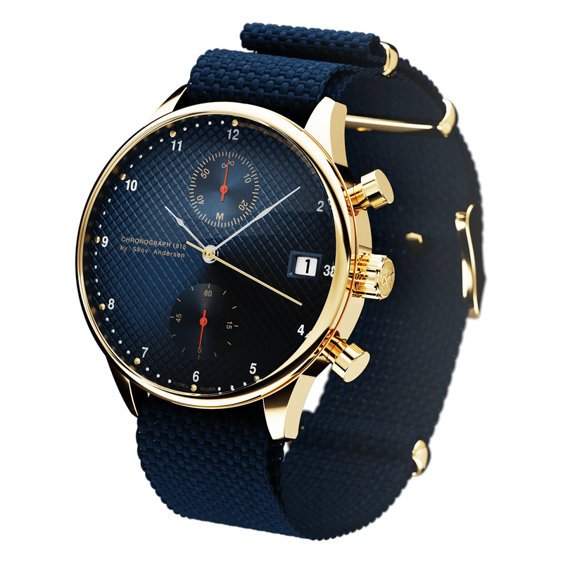 1815 Justin Gatlin, Gold / Blue Turtle by AV86 vintage-inspired chronograph with sapphire crystal and textured blue fabric strap
