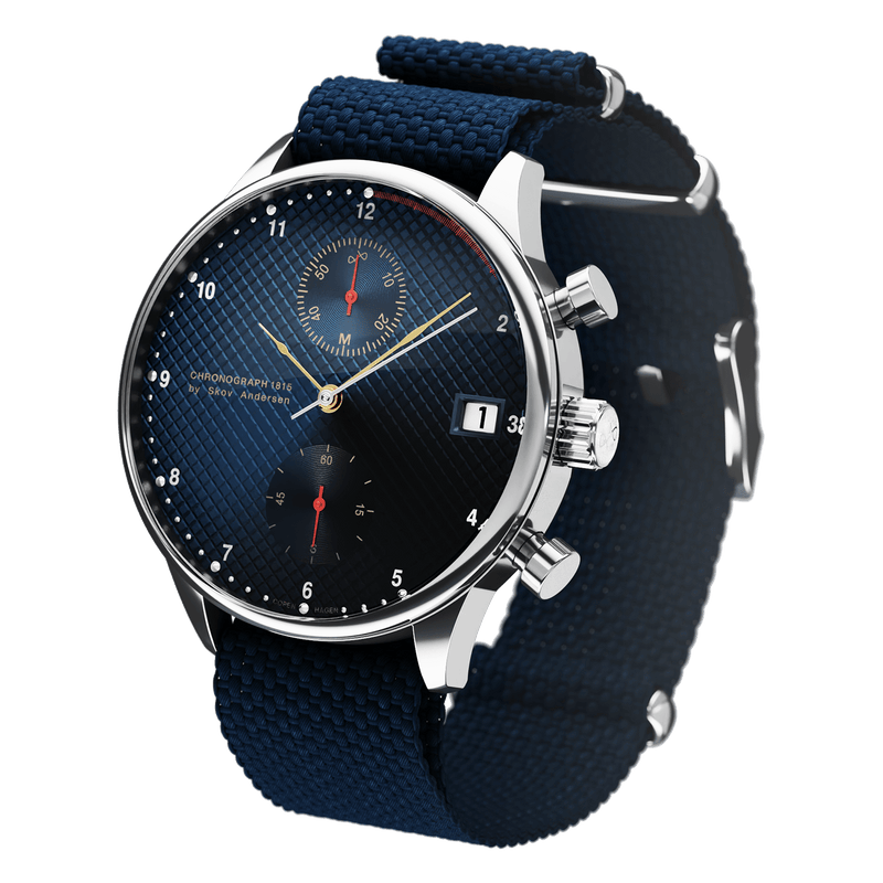 1815 Justin Gatlin by AV86 vintage-inspired chronograph with sapphire crystal, textured blue dial, and fabric strap
