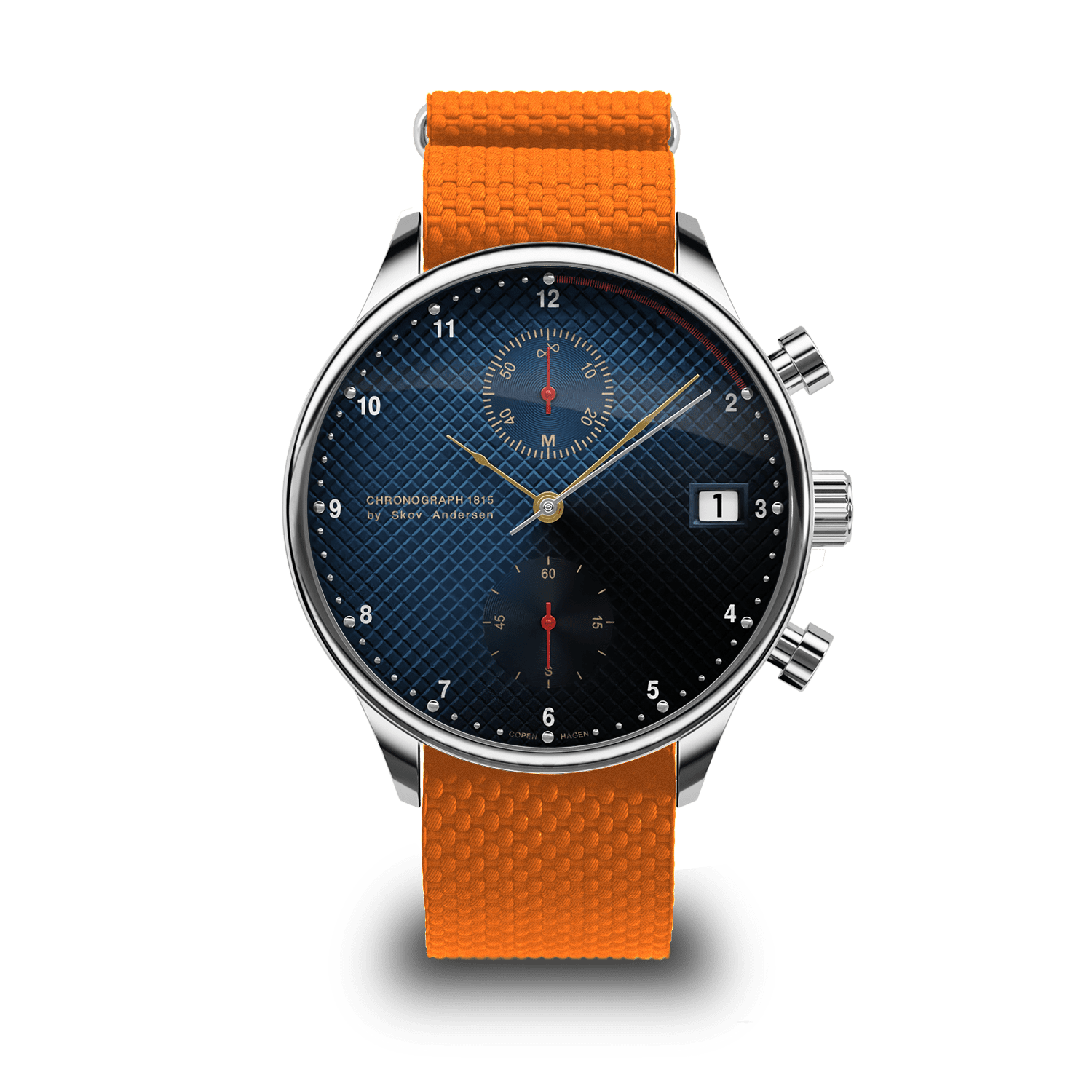 1815 Justin Gatlin by AV86 vintage-inspired chronograph with sapphire crystal, textured dial, date window, and orange rubber strap