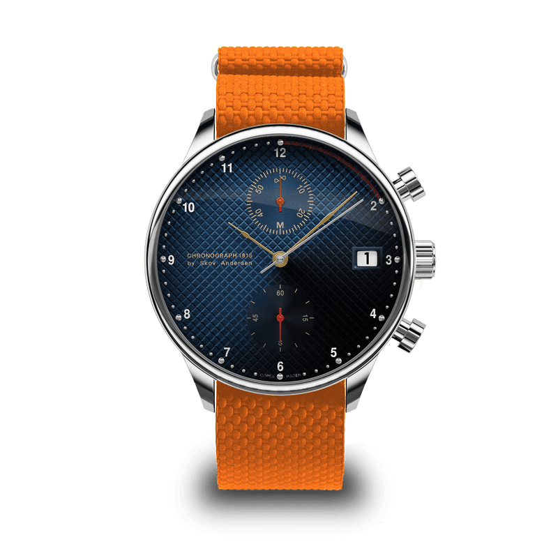 1815 Justin Gatlin by AV86 vintage-inspired chronograph with sapphire crystal, textured dial, date window, and orange rubber strap