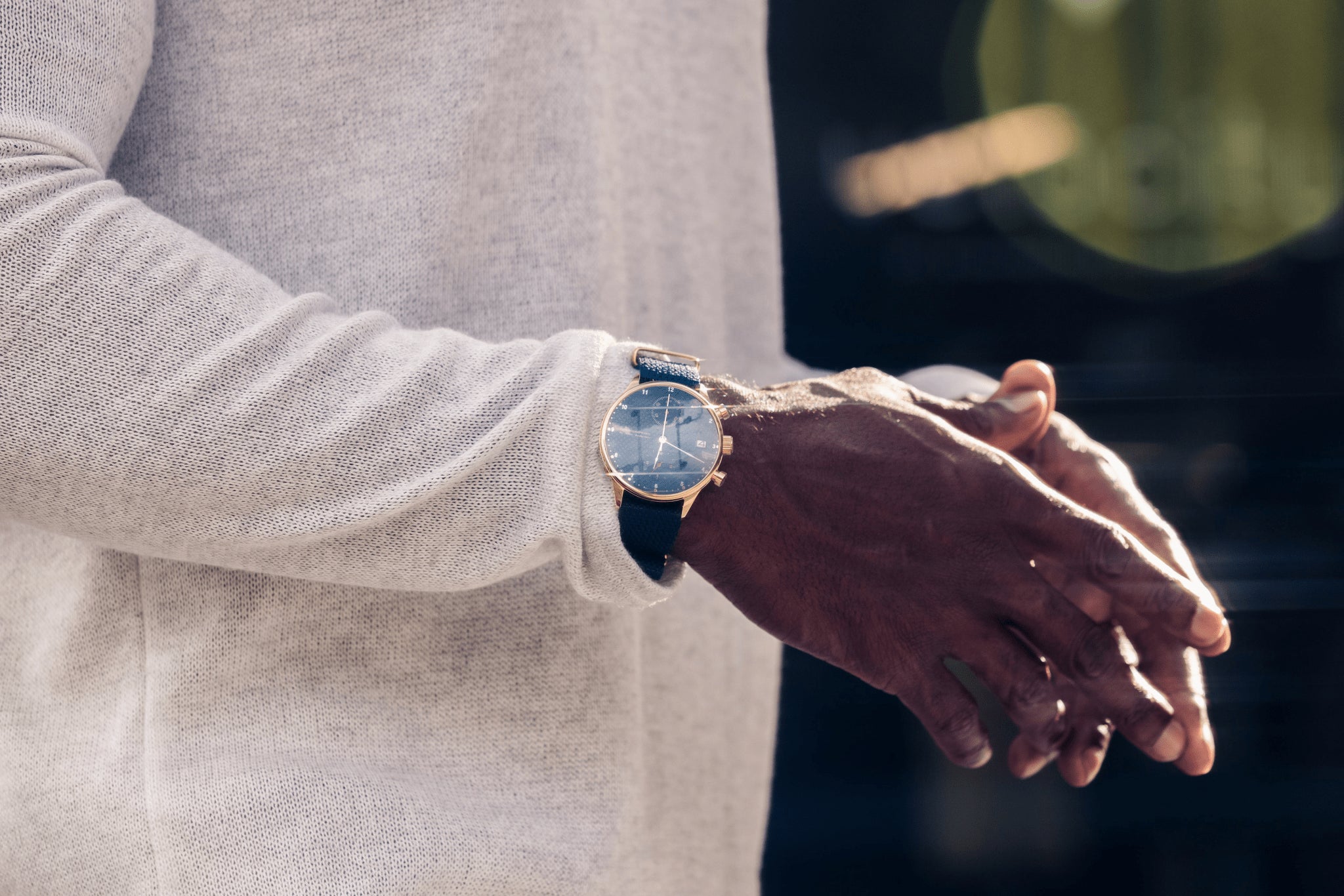 1815 Justin Gatlin by AV86 vintage-inspired chronograph with sapphire crystal, detailed dial, and leather strap on wrist