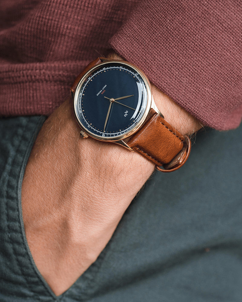 1969 Vintage, Gold / Midnight Blue - Special Edition – 39mm by AV86 dress watch with sapphire crystal and brown leather strap