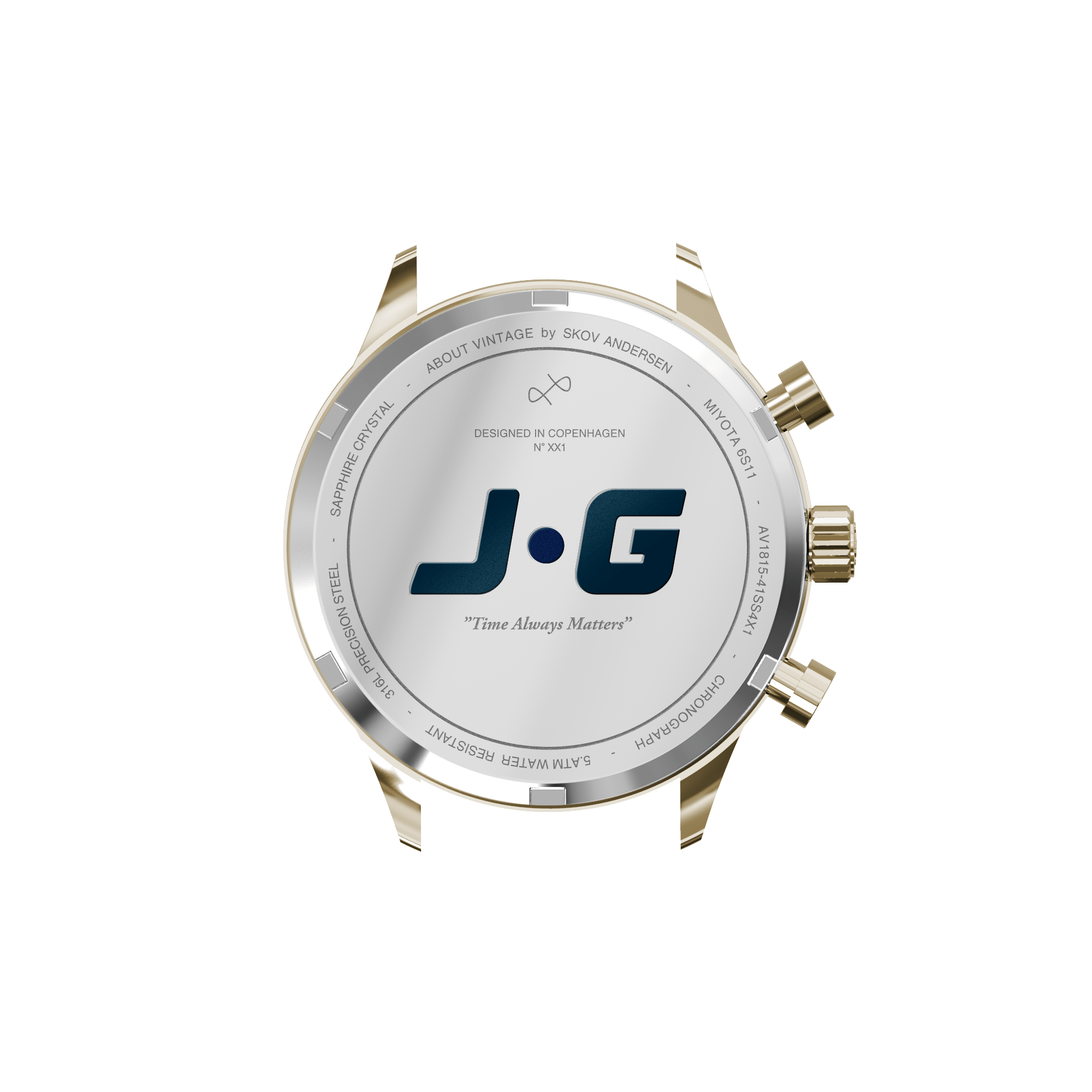 1815 Justin Gatlin, Gold / Blue Turtle by AV86 luxury chronograph with sapphire crystal, gold case, and intricate engraved case back design