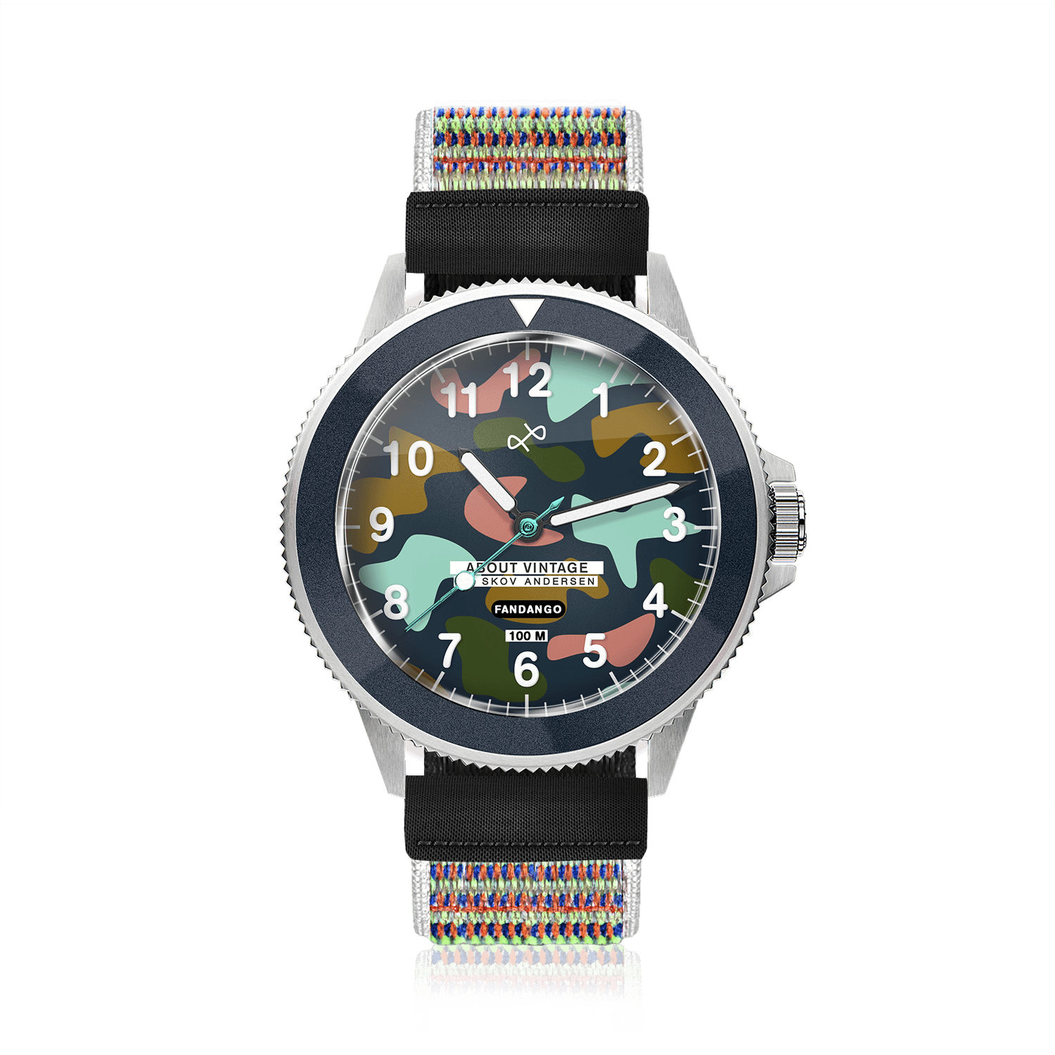 Fandango 'KAI', Dark Blue / Army by AV86 kids watch with luminous big numbers, camouflage dial, velcro strap, and durable stainless steel case