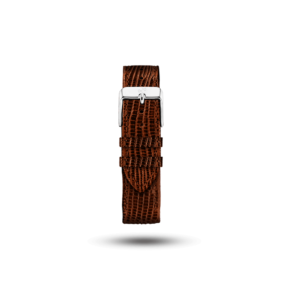 Brown patterned leather strap with a polished stainless steel buckle, crafted by AV86, showcasing classic Danish design and luxury craftsmanship.