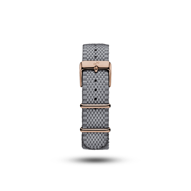 Nato - Steelstripe grey woven strap with rose gold buckle, by AV86, reflecting Nordic minimalism and Danish design elegance.