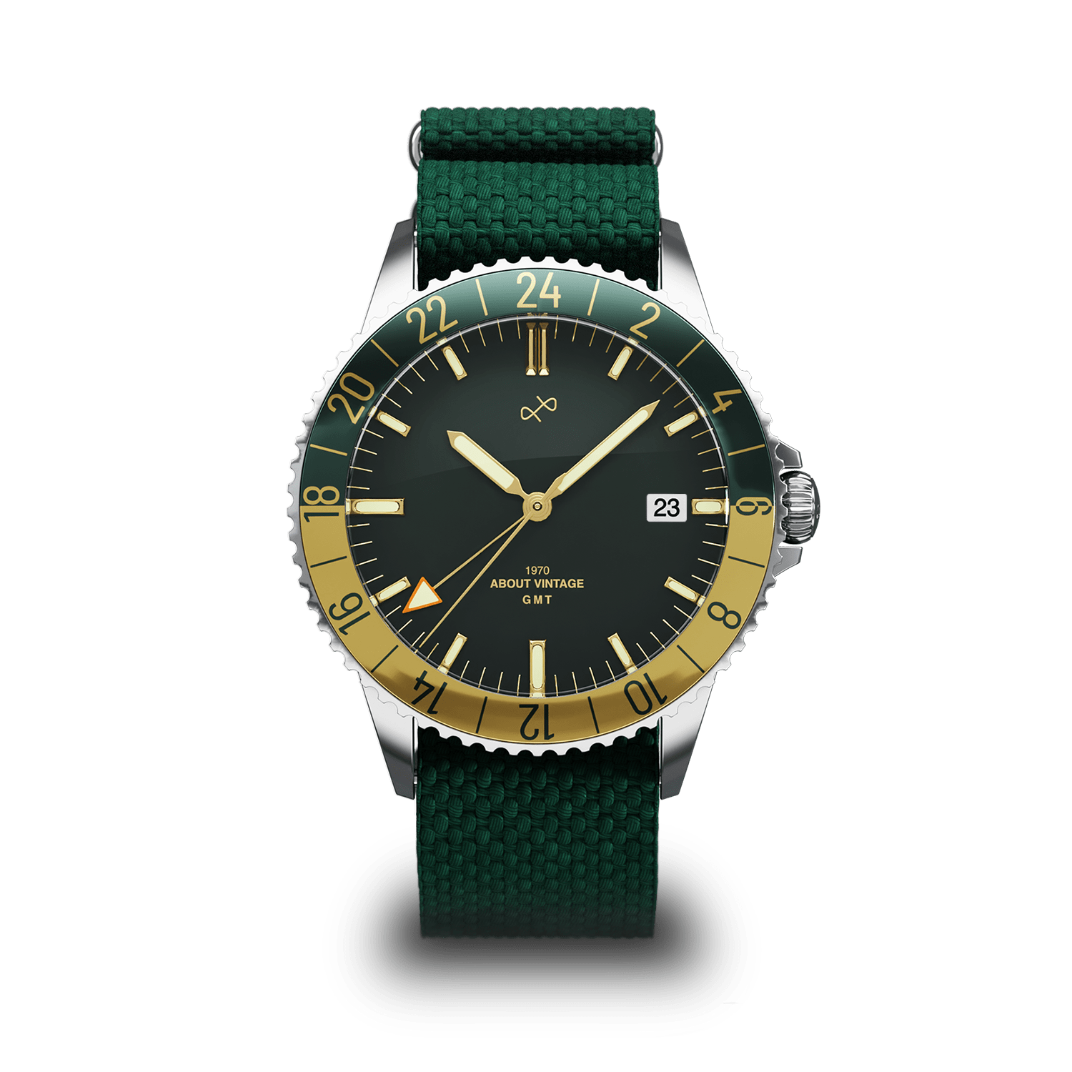 1970 Haagen GMT Automatic, Swiss Made by AV86 with vintage-inspired dial, GMT bezel, sapphire crystal, and green fabric strap