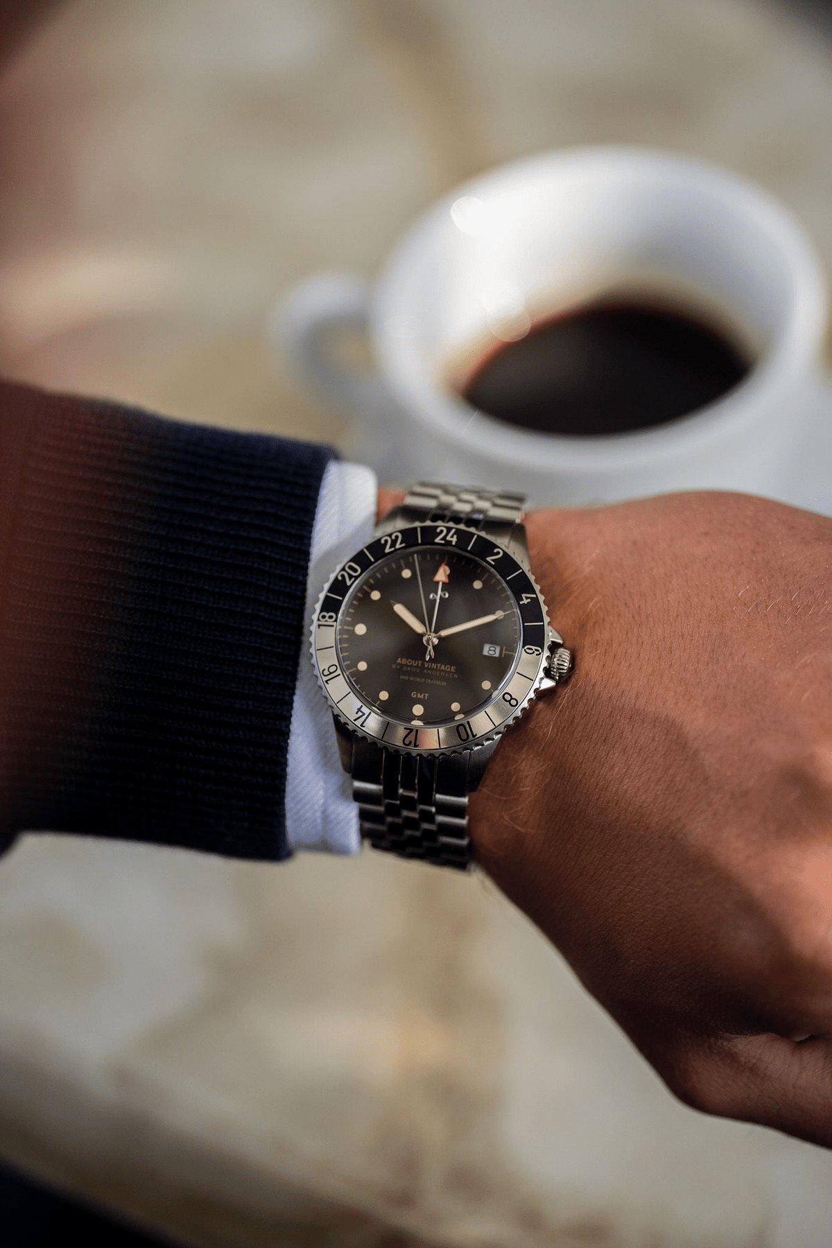 1982 GMT World Traveler by AV86 GMT quartz watch with sapphire crystal, stainless steel case and bracelet in refined setting