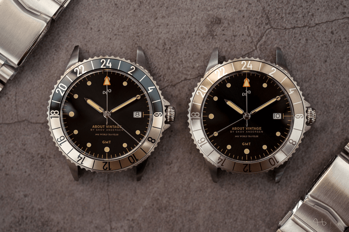 1982 GMT World Traveler by AV86 vintage-inspired GMT quartz watch with sapphire crystal and metal bracelet strap