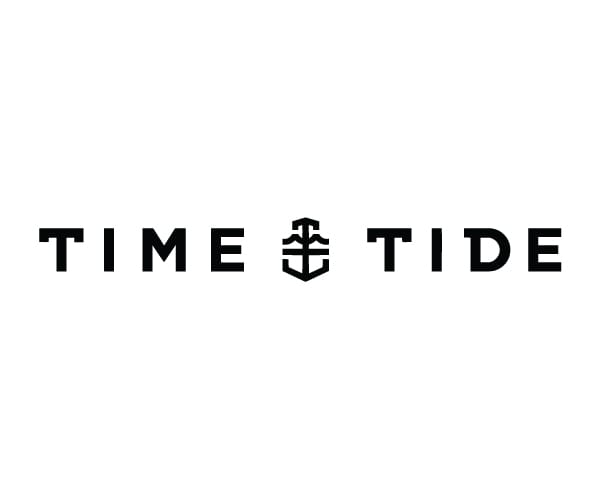 Time+Tide logo in bold black uppercase lettering with a stylized anchor symbol between the words, centered on a light gray background.