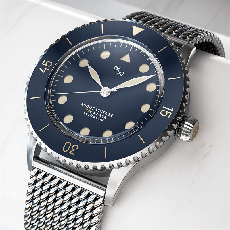 1926 Automatic by AV86 automatic diver with sapphire crystal, mesh metal strap, vintage-inspired dial, and precise bezel markings