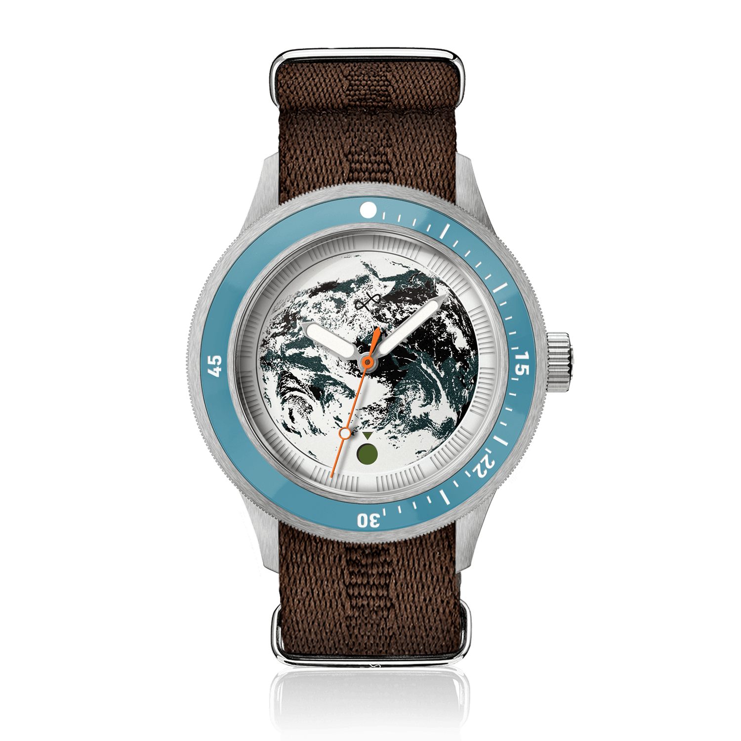 Earthrise WWF Partnership, Automatic / 2026 Edition by AV86 with brown NATO strap, blue bezel, and Earth motif dial.