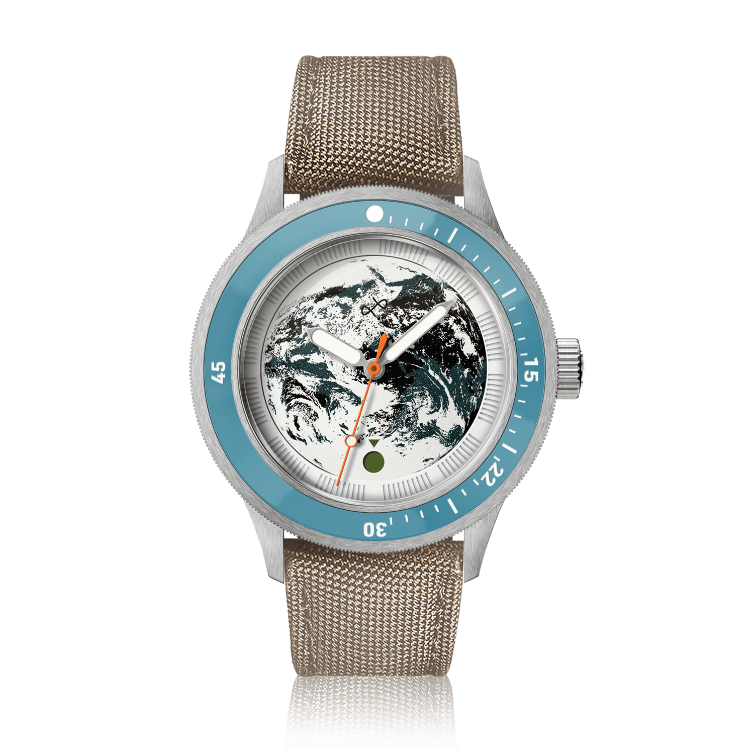 Earthrise WWF Partnership, Automatic / 2026 Edition by AV86 with light blue bezel, Earth dial, and khaki Cordura strap.