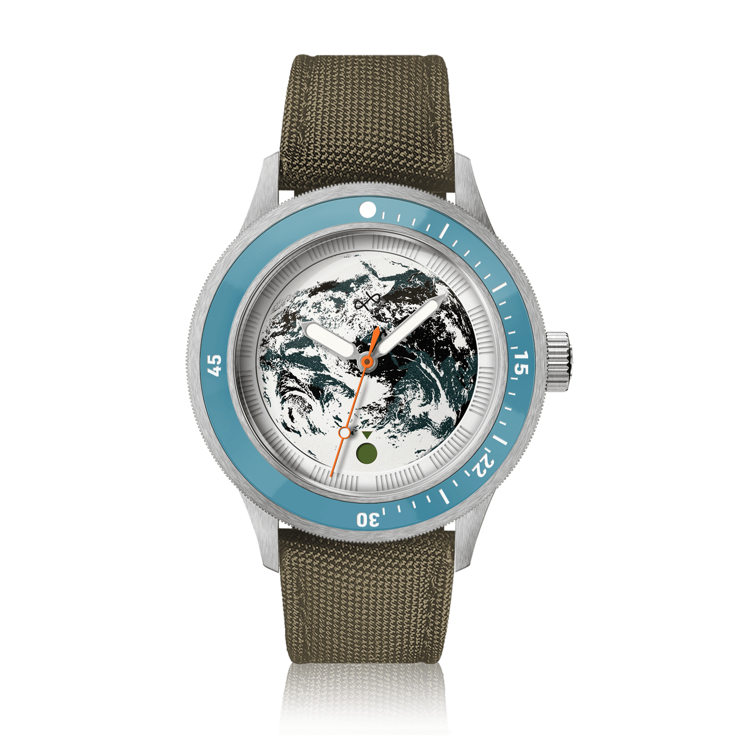 Earthrise WWF Partnership, Automatic / 2026 Edition by AV86 with sky blue bezel, Earth dial, and durable olive green Cordura strap.