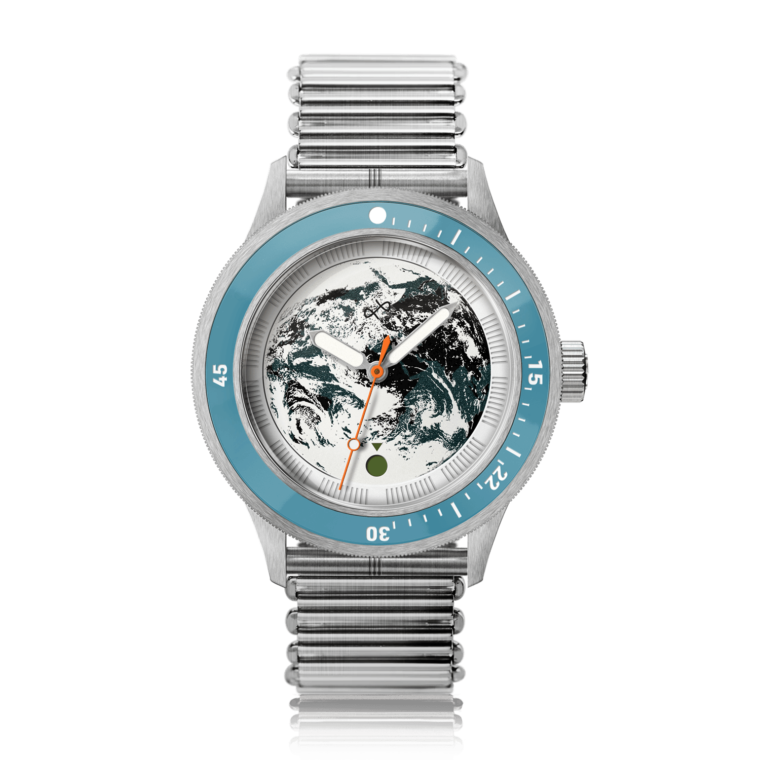 Earthrise WWF Partnership, Automatic / 2026 Edition by AV86 with silver stainless steel band, blue bezel, and Earth motif dial.