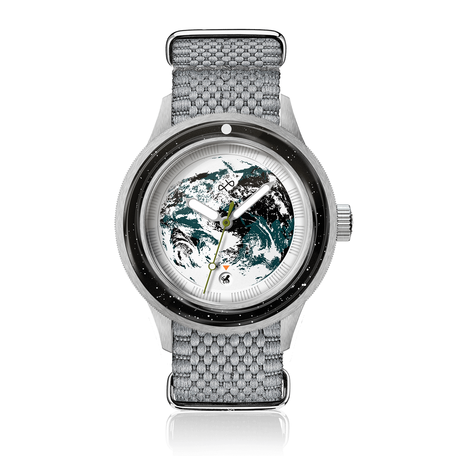 Earthrise WWF Partnership, Automatic / 2025 Edition by AV86 with automatic movement, sapphire crystal, textured fabric strap, and globe dial design