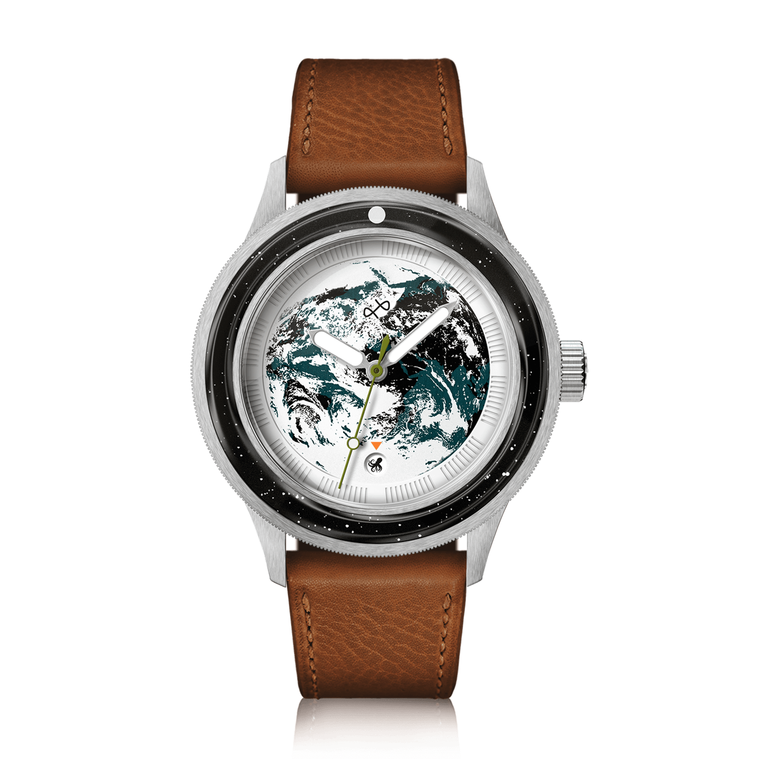 Earthrise WWF Partnership, Automatic / 2025 Edition by AV86 with vintage-inspired dial, sapphire crystal, automatic movement, and brown leather strap