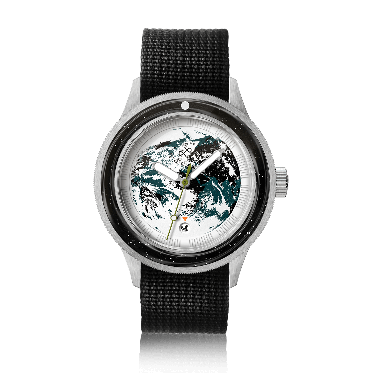 Earthrise WWF Partnership, Automatic / 2025 Edition by AV86 automatic watch with sapphire crystal, vintage-inspired dial, and black fabric strap