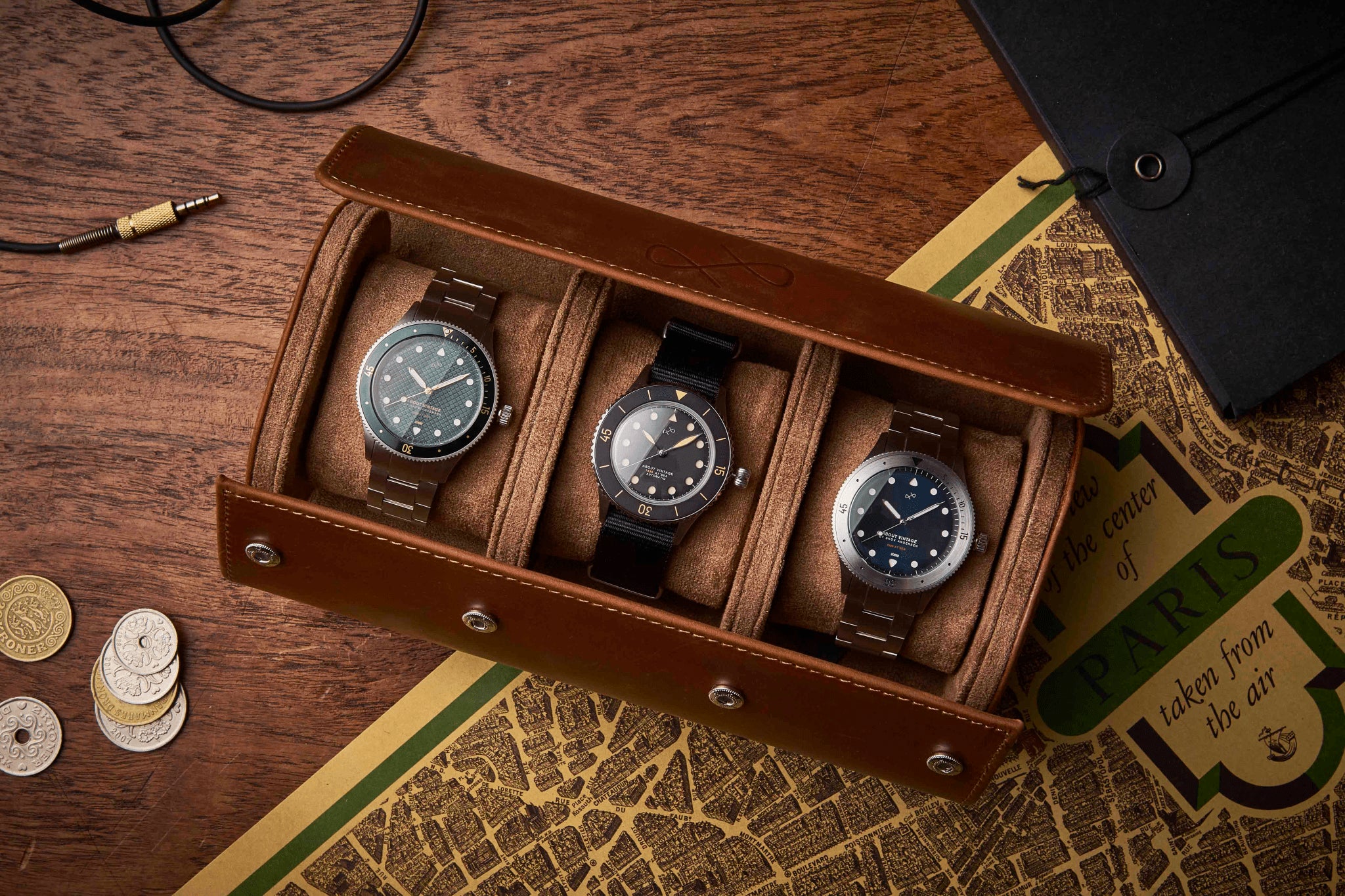 Watch Roll - Brown by AV86 premium full grain leather storage for three luxury timepieces with vintage-inspired diver watches