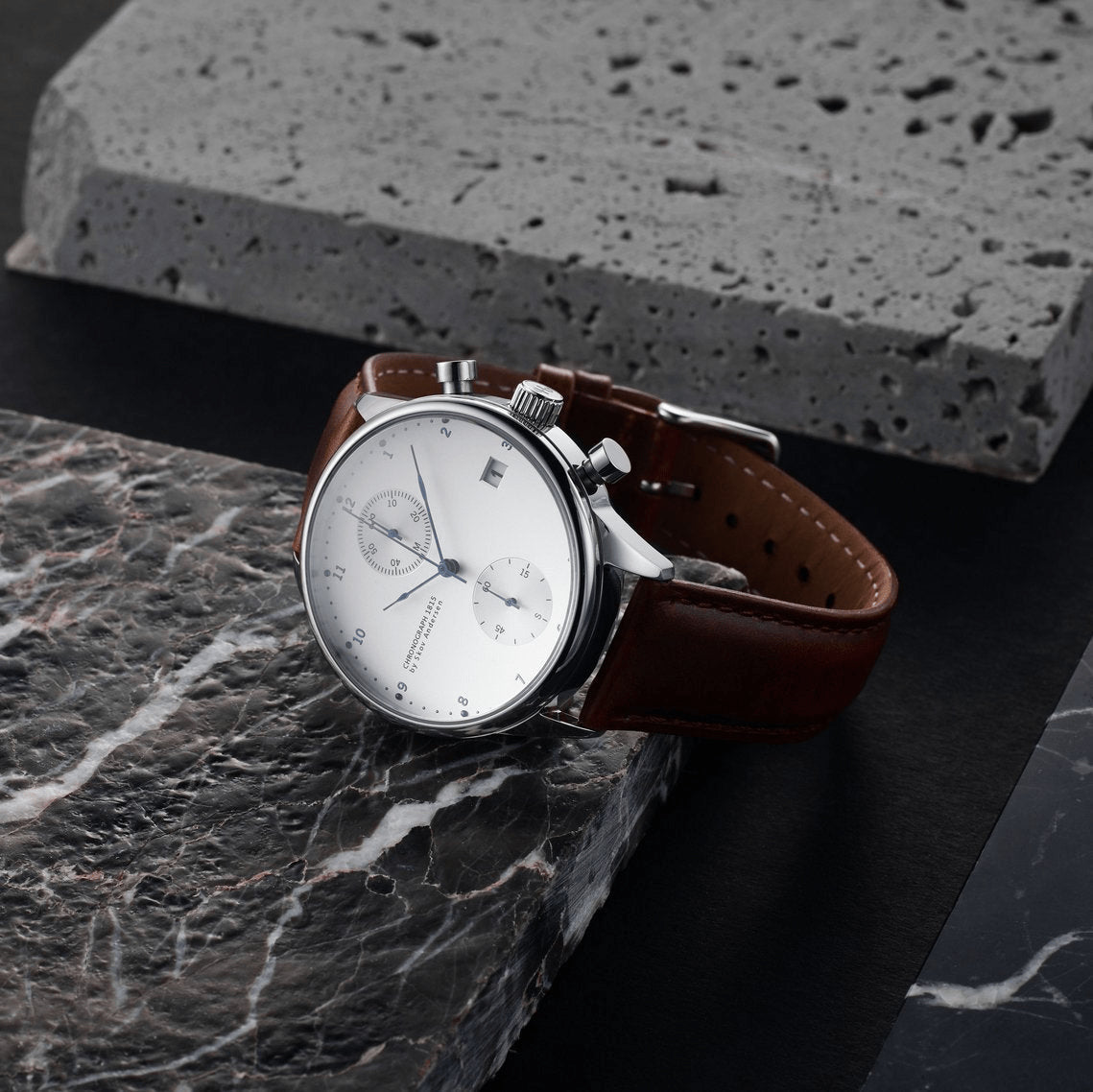 1815 Chronograph by AV86 luxury vintage-inspired chronograph with sapphire crystal, polished steel case, and brown leather strap