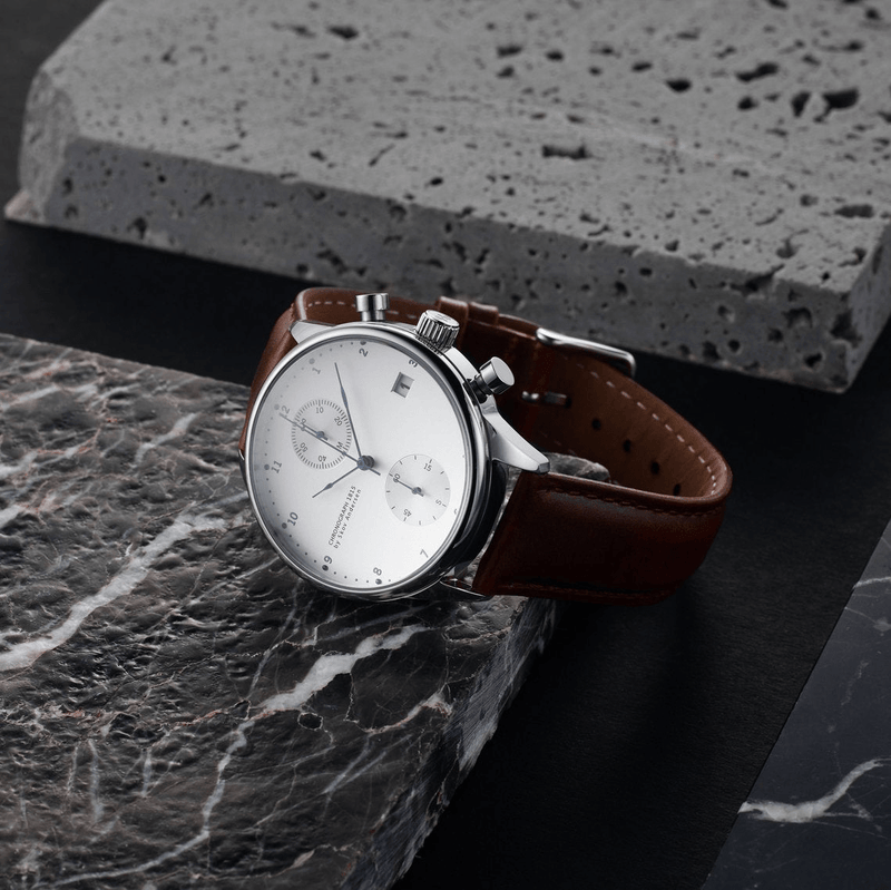 1815 Chronograph by AV86 luxury vintage-inspired chronograph with sapphire crystal, polished steel case, and brown leather strap