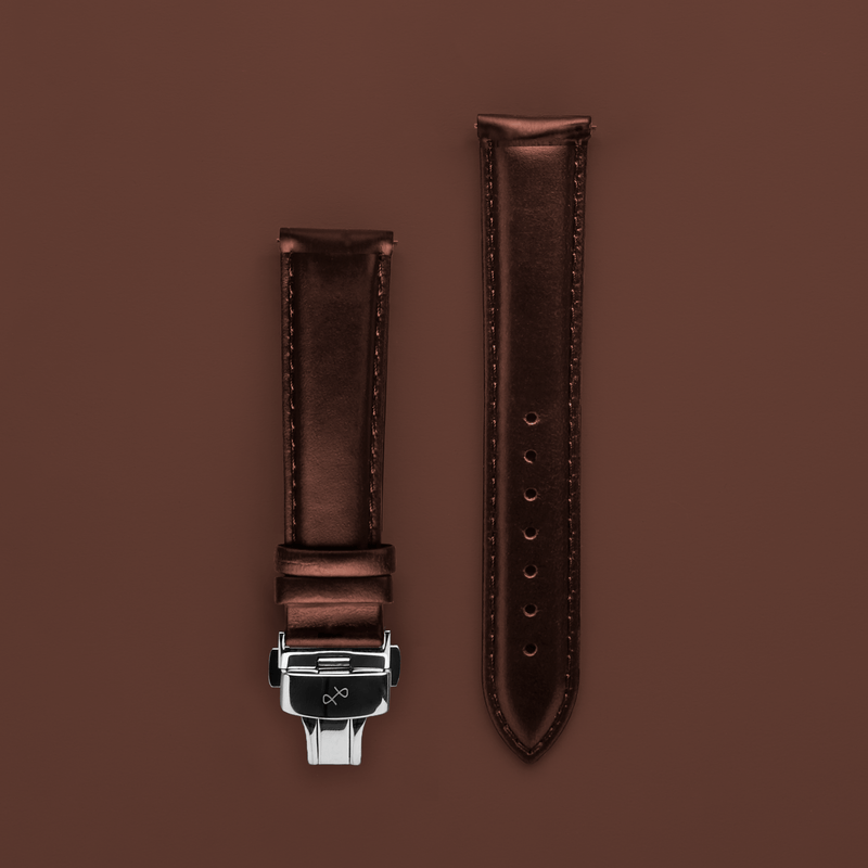 Butterfly Clasp - Dark Brown leather strap with engraved detail and polished butterfly clasp by AV86 Scandinavian design