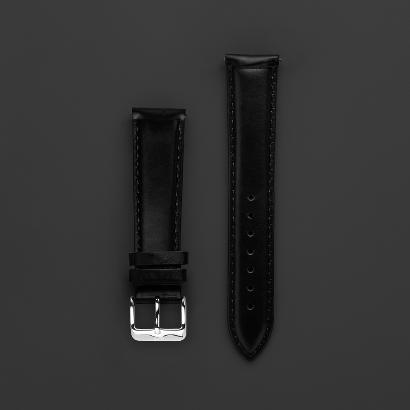 Leather - Black by AV86 two-piece premium leather strap with engraved detail and polished pin buckle, minimalist Scandinavian design