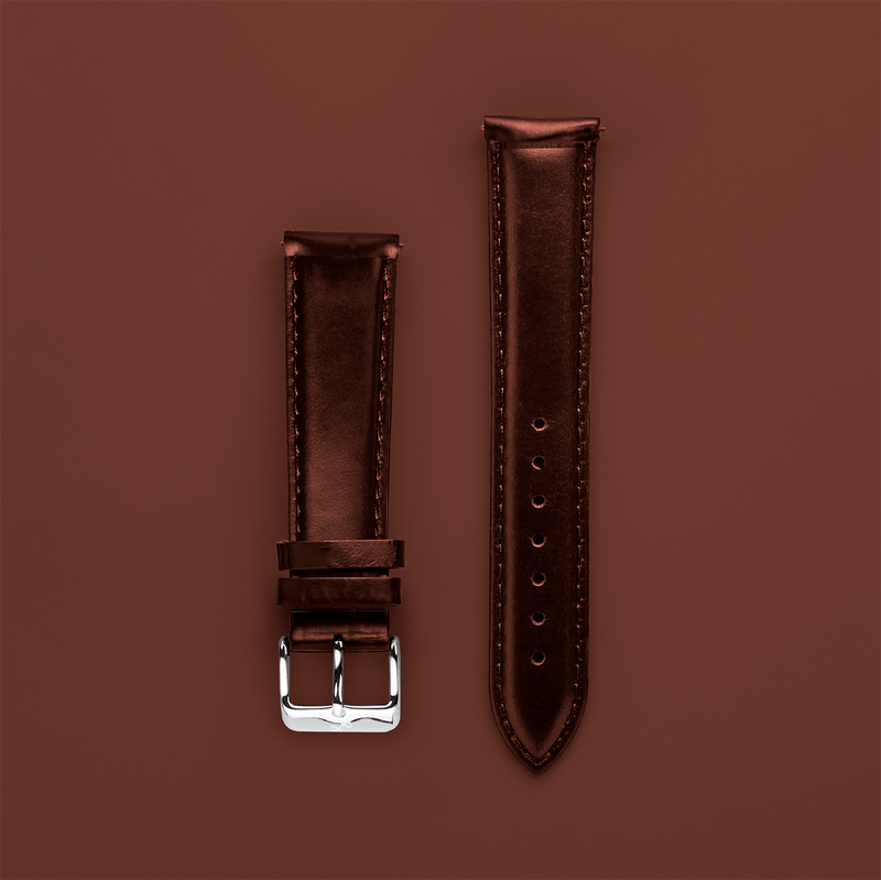 Leather - Dark Brown two-piece strap by AV86 crafted from high-quality leather with stainless steel pin buckle and engraved branding