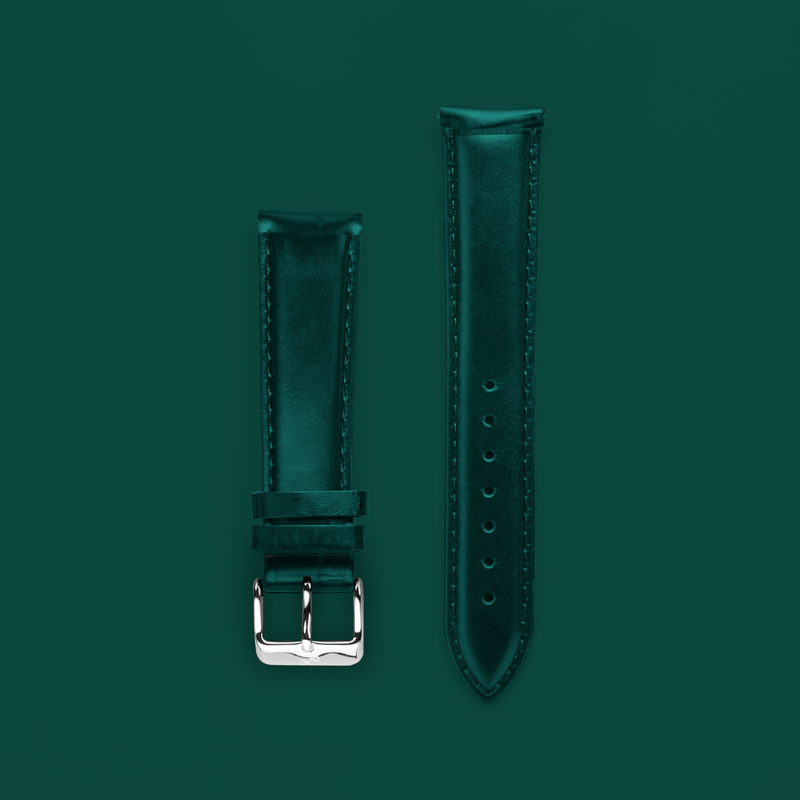Leather - Dark Green high quality two-piece strap by AV86 with engraved branding and stainless steel pin buckle for luxury timepieces