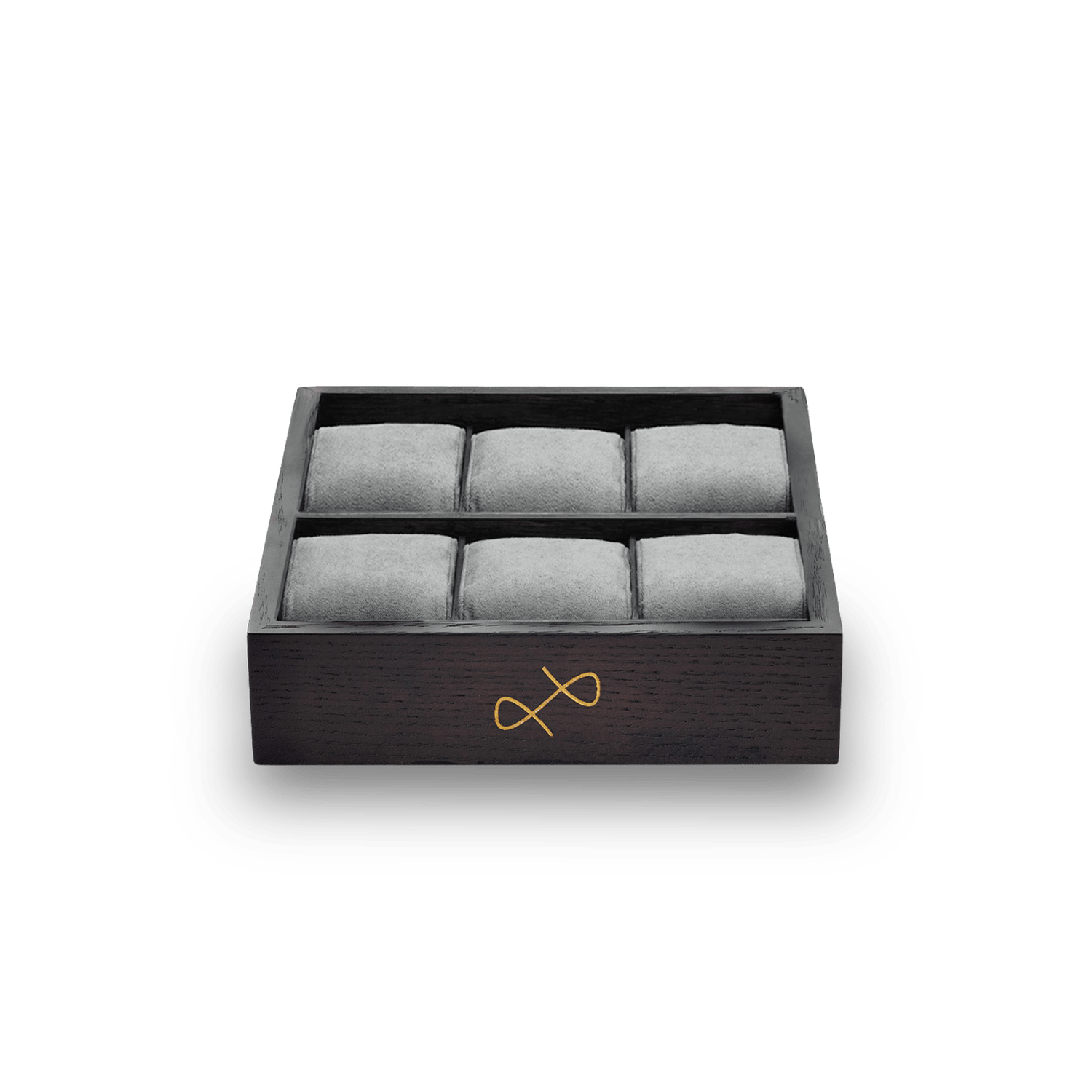 Collectors box - 6 pcs by AV86 luxury display box in smoked oak with brass logo and six grey suede pillows for watches