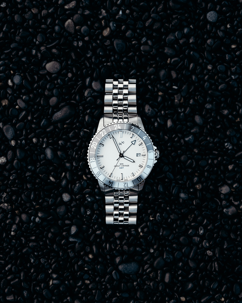 1970 Glacier GMT Automatic by AV86 luxury timepiece with Swiss automatic movement, GMT bezel, sapphire crystal, and steel bracelet