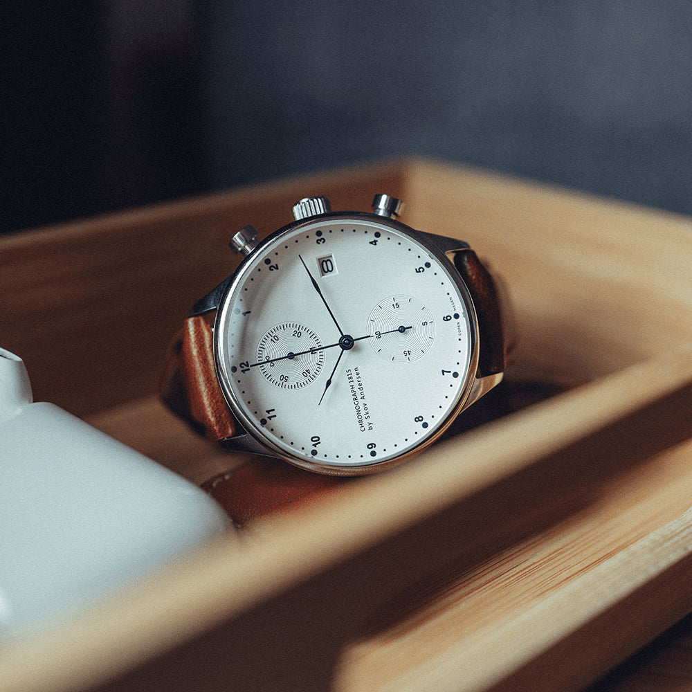 1815 Chronograph by AV86 vintage-inspired chronograph with sapphire crystal, white dial, and brown leather strap