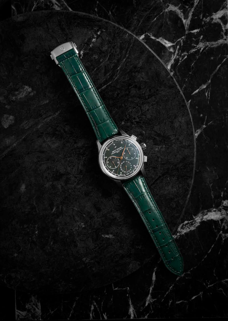 1988 Flyback, Chronograph - Limited Edition by AV86 automatic chronograph with sapphire crystal and leather strap on dark marble background