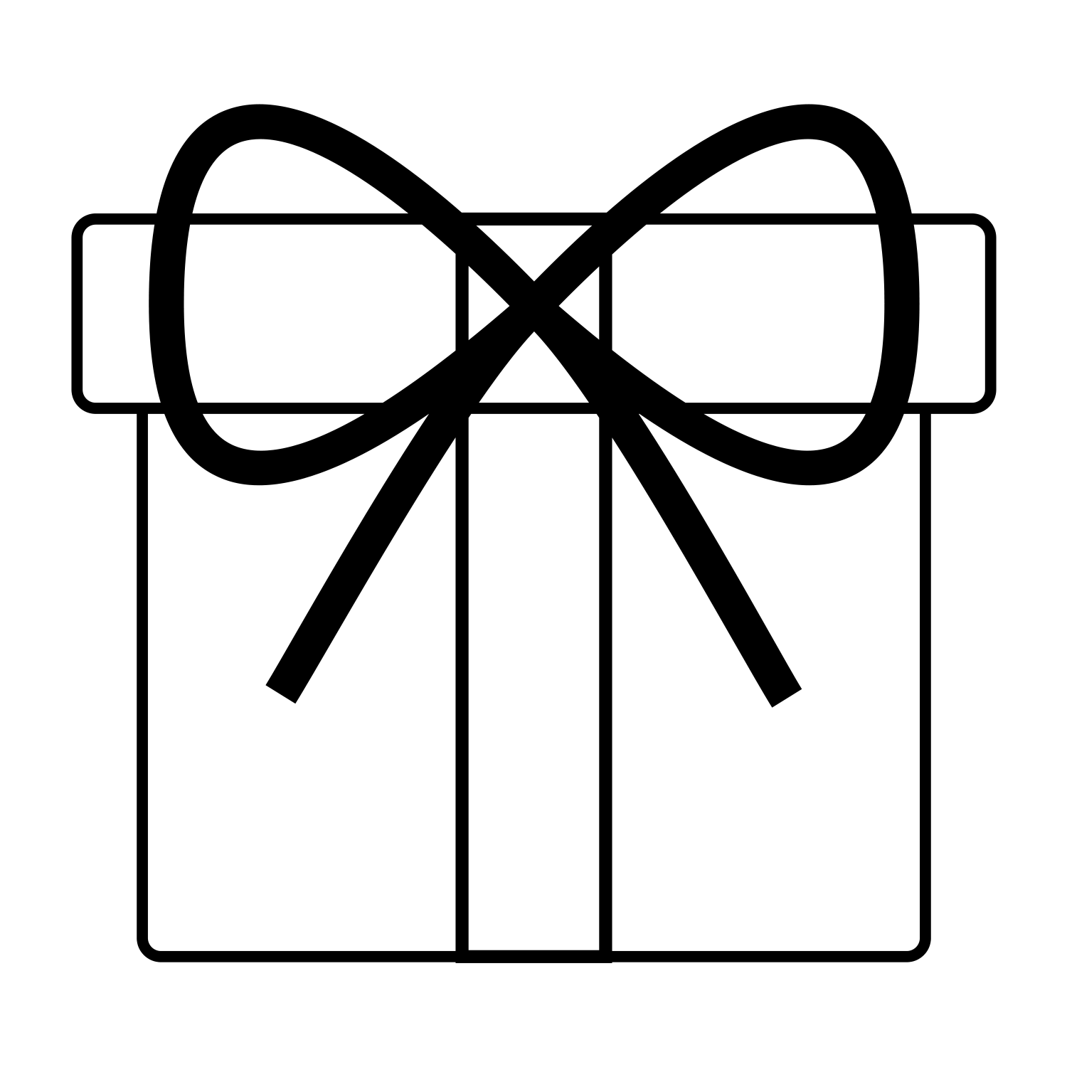 Minimalist black line drawing of a gift box with a bow, representing elegant AV86 Gift wrapping service.