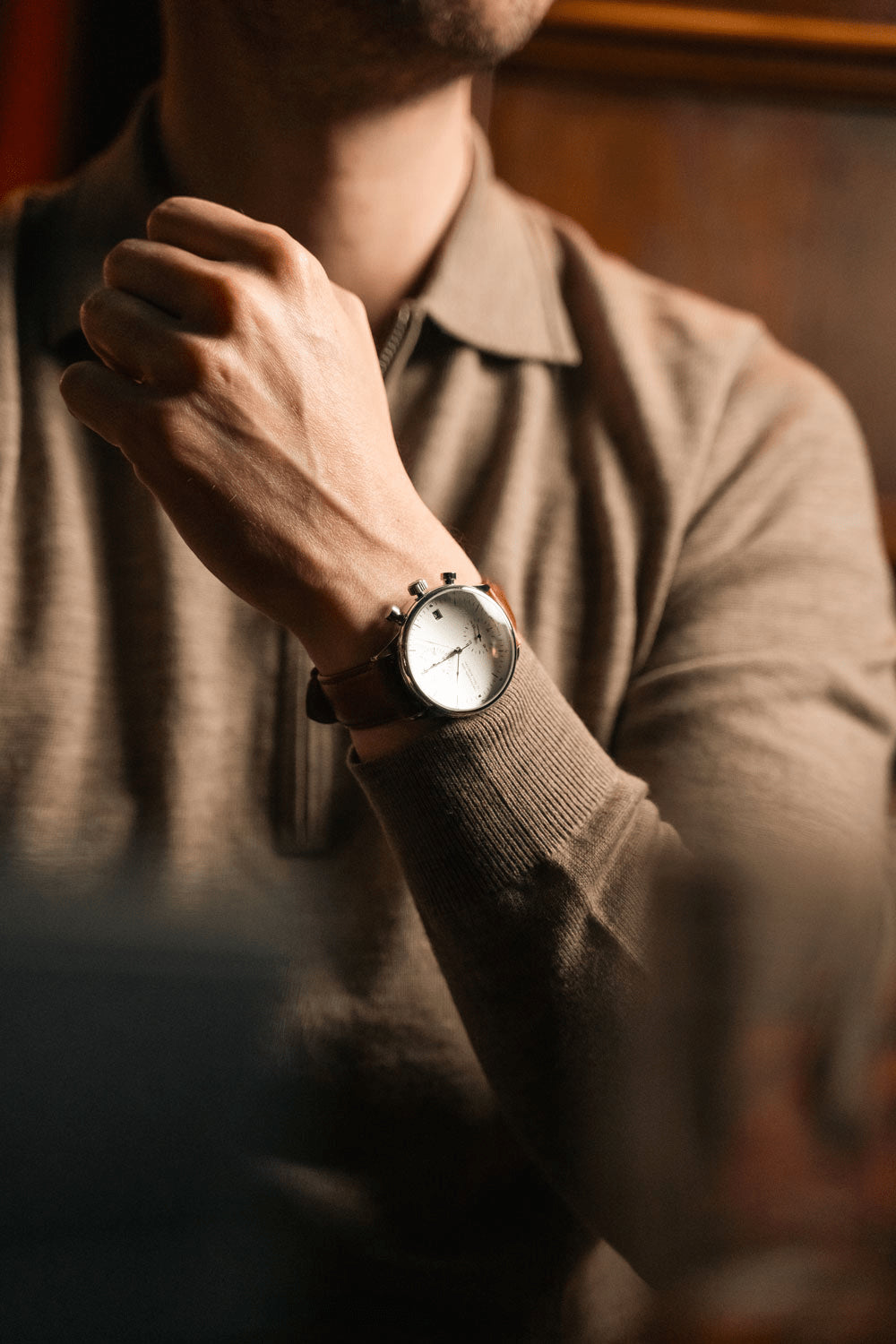 1844 Chronograph by AV86 with vintage-inspired dial, precision timing lines, sapphire crystal, and brown leather strap on wrist
