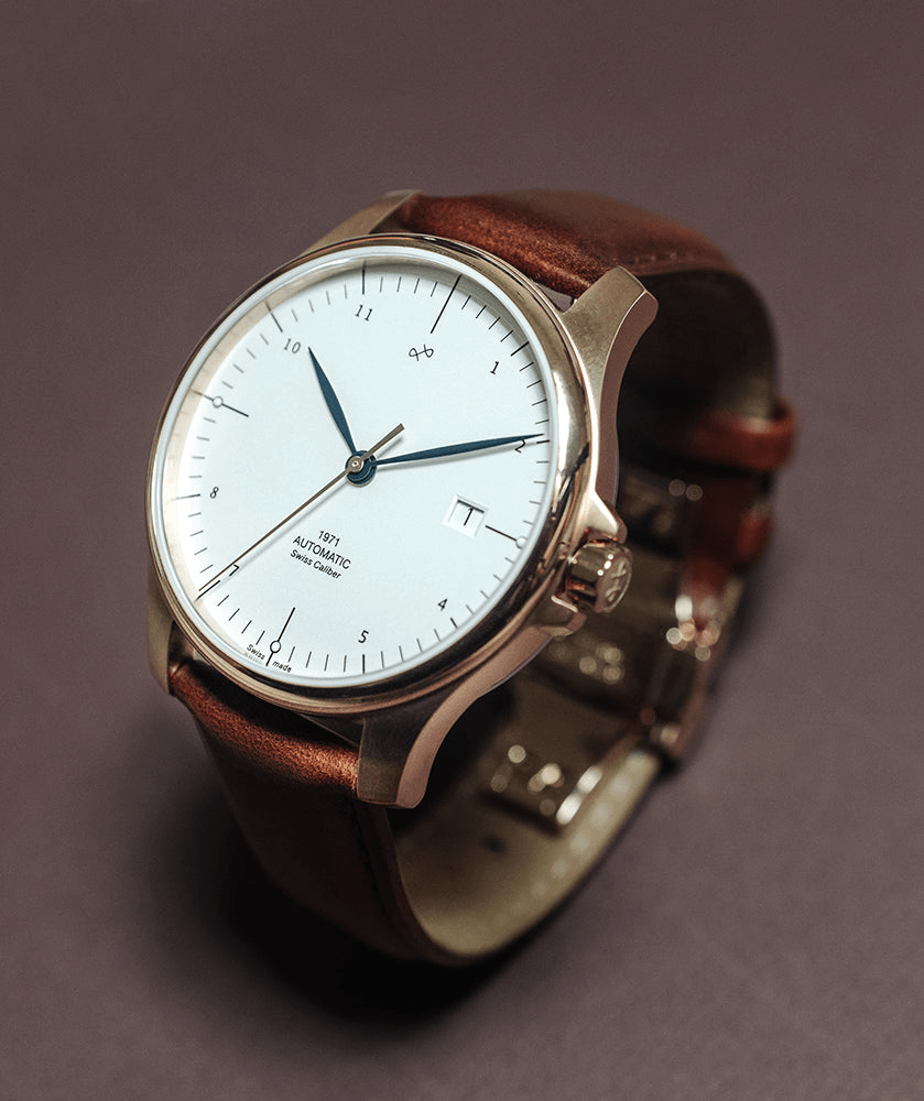 1971 Automatic, Rose Gold / White - Swiss Made by AV86 with minimalist dial, automatic movement, sapphire crystal, and brown leather strap