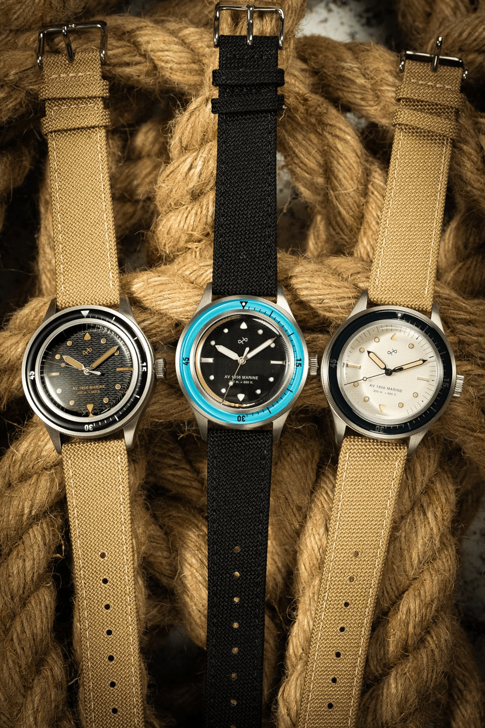 1956 Marine by AV86 vintage-inspired diver with acrylic bezel, luminous markers, and fabric strap in a nautical setting