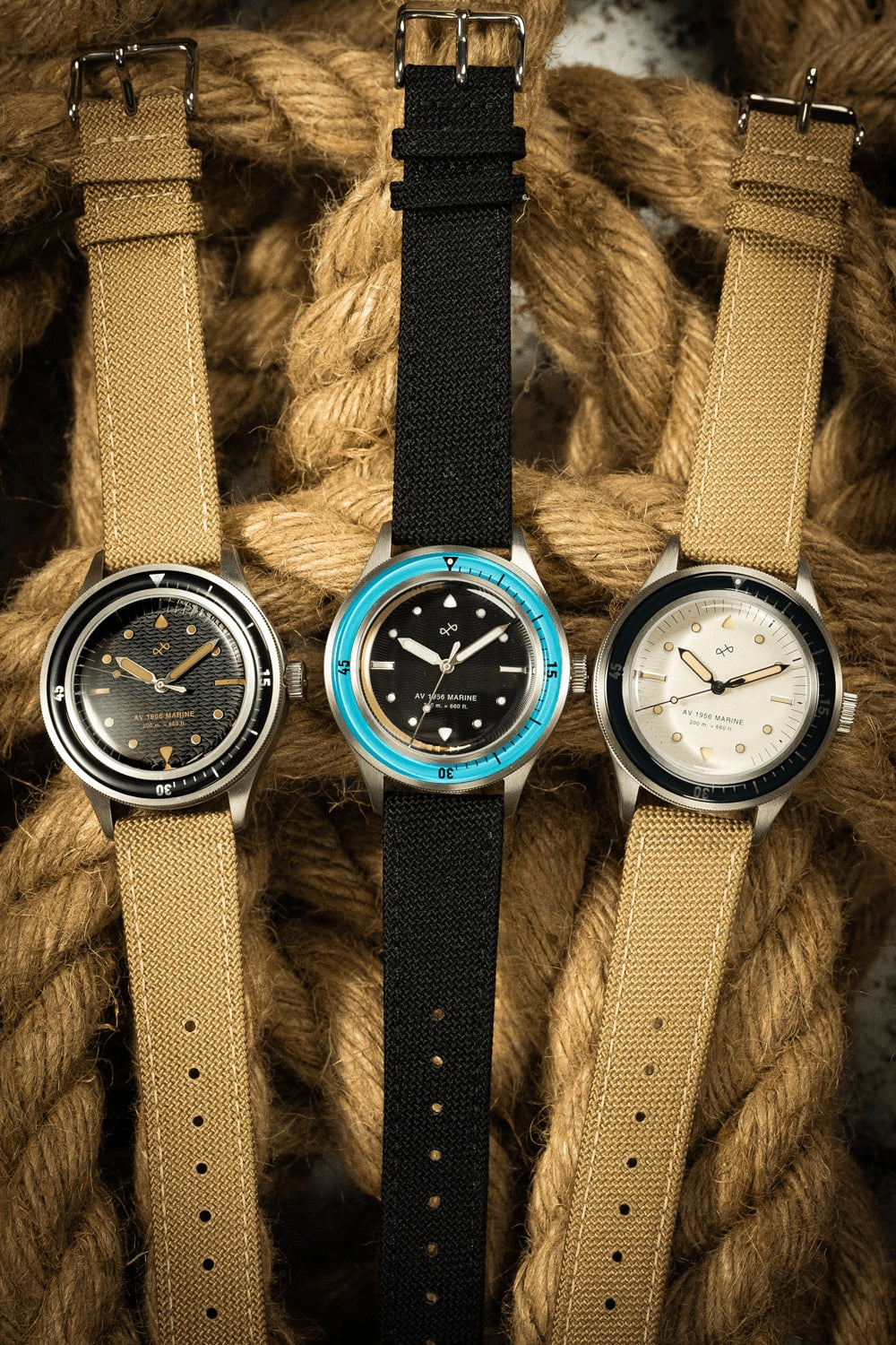 1956 Marine by AV86 vintage-inspired diver with acrylic bezel, big luminous markers, and fabric strap in minimalist Scandinavian design