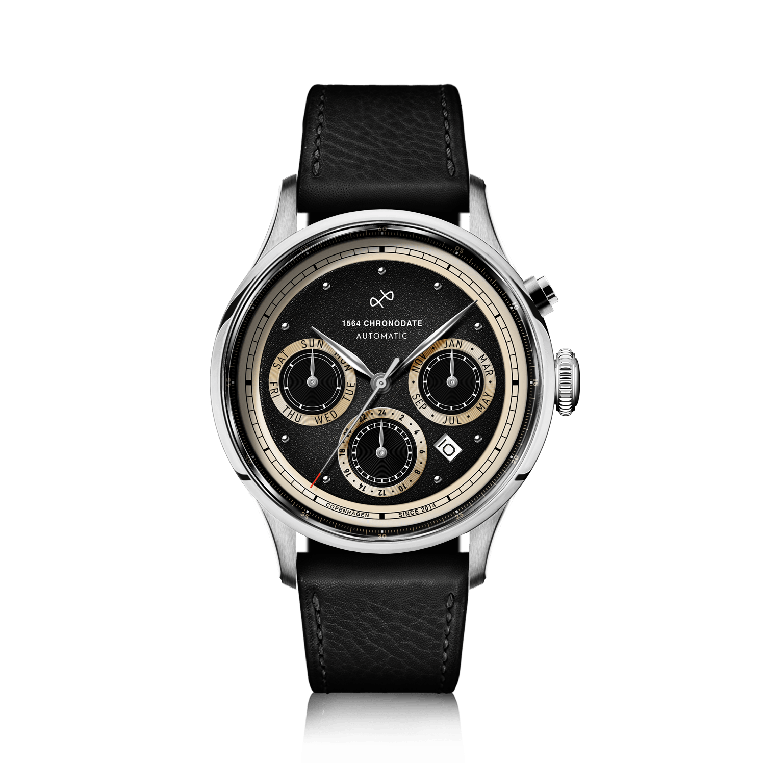 1564 Chronodate Automatic by AV86 vintage-inspired chronograph with sapphire crystal, automatic movement, and black leather strap