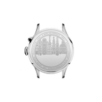 AV86 Model 1564 Chronodate case back engraved with Copenhagen city skyline, stainless steel, automatic movement detailing